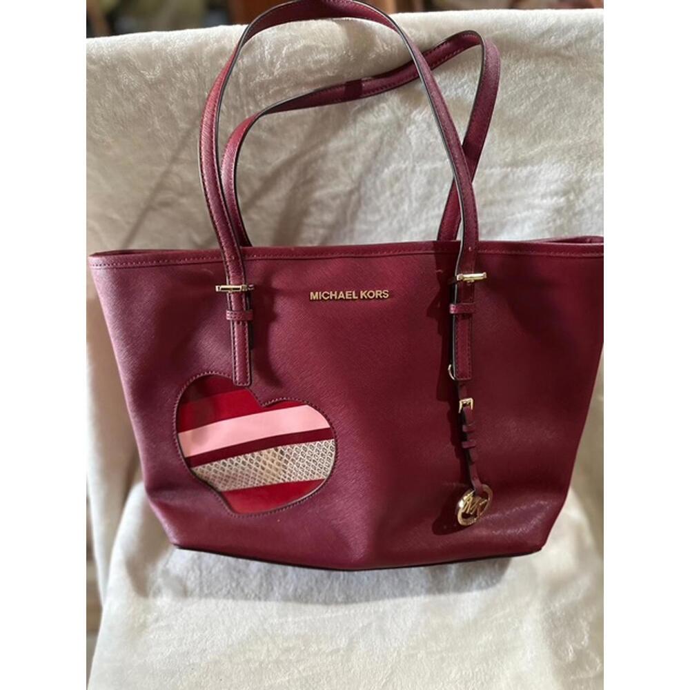 Michael Kors Burgundy Leather Tote Bag with Heart Detail